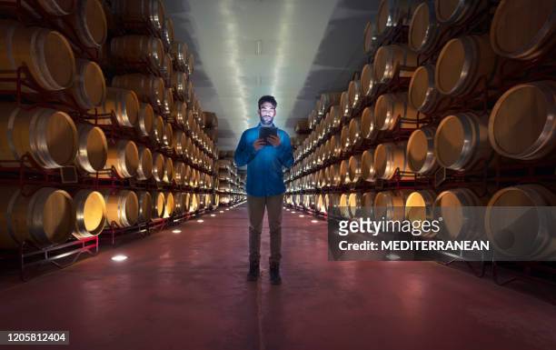 セラーでオーク樽で働くワインメーカー - food and drink industry ストックフォトと画像