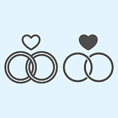 Rings line and solid icon. Two crossing circles with heart shape. Wedding asset vector design concept, outline style pictogram on white background, use for web and app. Eps 10.