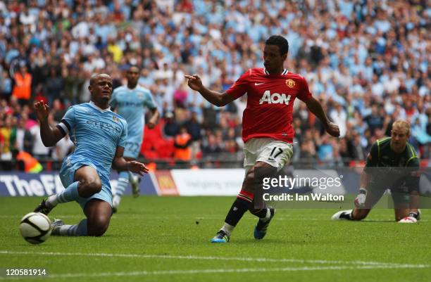 Luis Nani of Manchester United scores their third goal during the FA Community Shield match sponsored by McDonald's between Manchester City and...