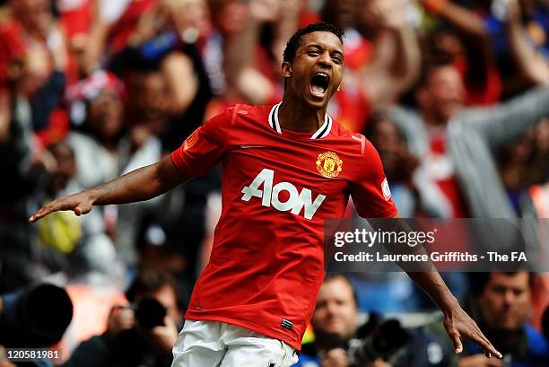 Nani of Manchester United celebrates his winning goal during the FA Community Shield match sponsored by McDonald's between Manchester City and...