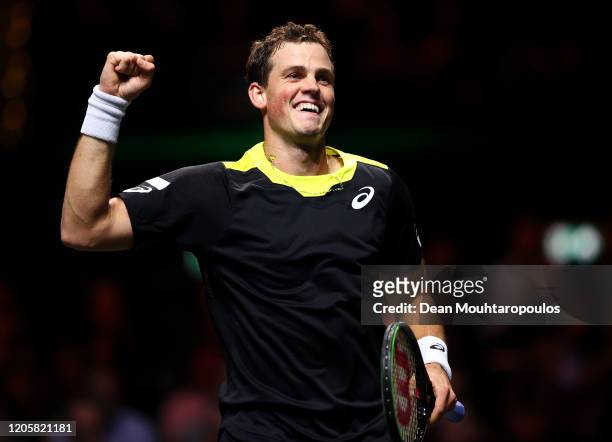 Vasek Pospisil of Canada celebrates his victory against Daniil Medvedev of Russia during Day 5 of the ABN AMRO World Tennis Tournament at Rotterdam...