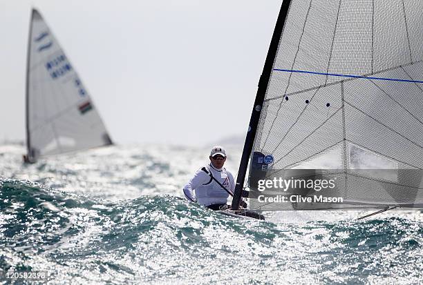 Zach Railey of the USA in action during a Finn Class race during day six of the Weymouth and Portland International Regatta at the Weymouth and...