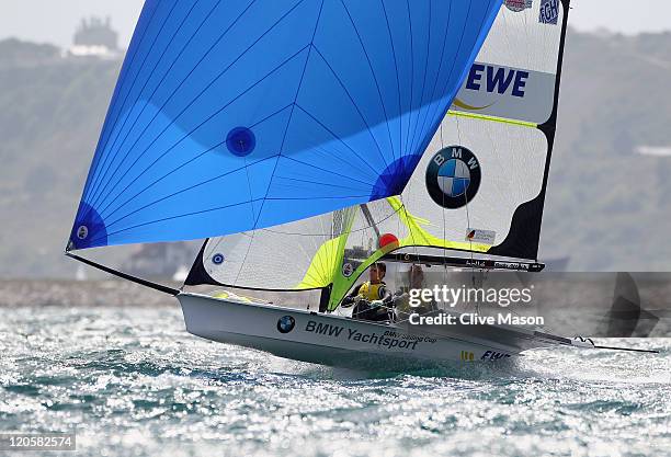 Tobias Schadewalt and Hannes Baumann of Germany in action during a 49er Class race during day six of the Weymouth and Portland International Regatta...