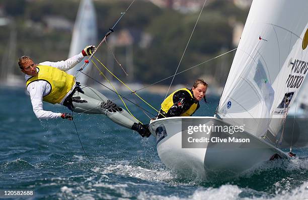 Saskia Clark and Hannah Mills of Great Britain in action during a 470 Womens Class race during day six of the Weymouth and Portland International...