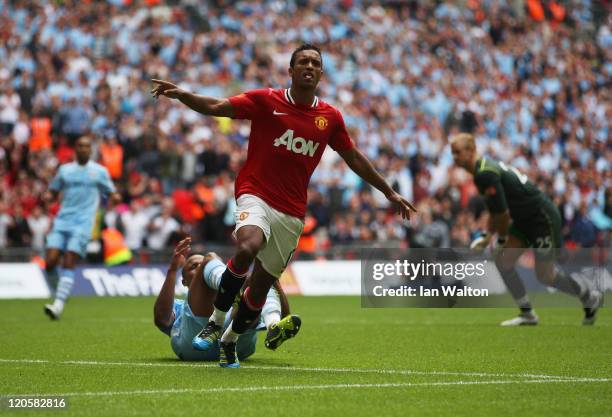 Nani of Manchester United celebrates scoring the winning goal during the FA Community Shield match sponsored by McDonald's between Manchester City...