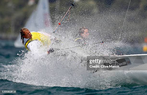 Saskia Clark and Hannah Mills of Great Britain in action during a 470 Womens Class race during day six of the Weymouth and Portland International...