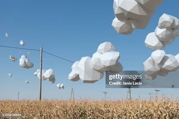 low polygon clouds over corn field - lettland landschaft stock-fotos und bilder