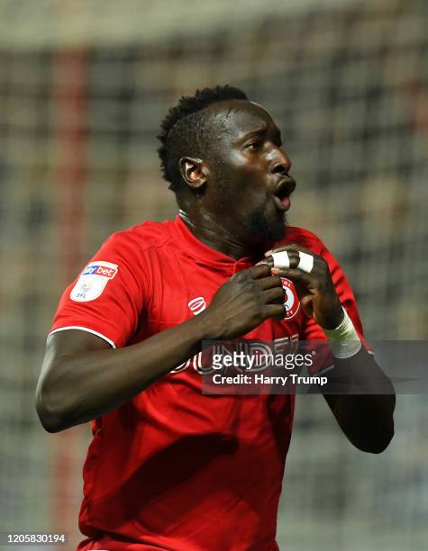 Famara Diedhiou of Bristol City celebrates after scoring his sides third goal during the Sky Bet Championship match between Bristol City and Derby...