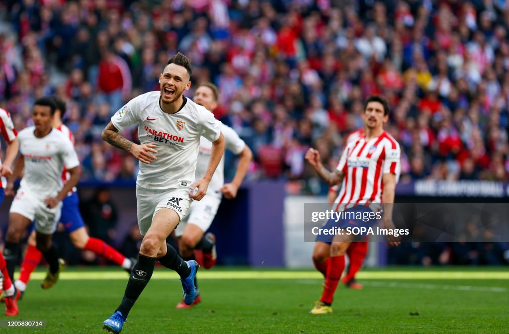 Sevilla FC's Lucas Ocampos celebrates a goal celebrates a...