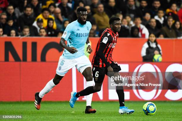 Tiemoue BAKAYOKO of Monaco and Moussa WAGUE of Nice during the Ligue 1 match between Nice and Monaco at Allianz Riviera on March 7, 2020 in Nice,...
