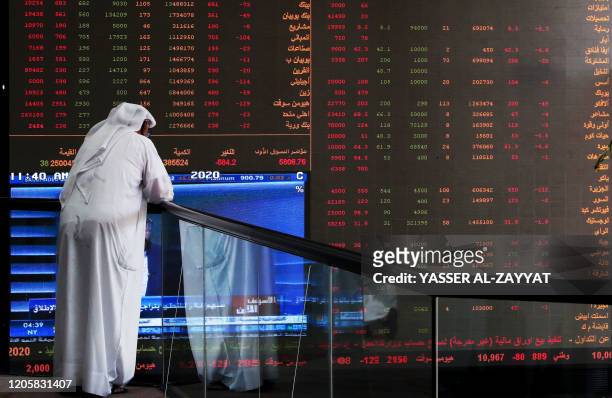 Kuwaiti trader checks stock prices at Boursa Kuwait in Kuwait City, on March 8, 2020. - Kuwait Boursa authorities stopped trading after the Premier...