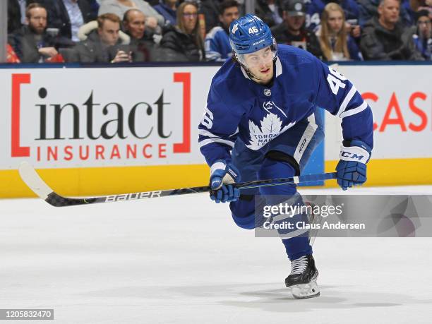 Pontus Aberg of the Toronto Maple Leafs skates against the Arizona Coyotes during an NHL game at Scotiabank Arena on February 11, 2020 in Toronto,...