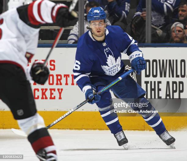Pntus Aberg of the Toronto Maple leafs skates against the Arizona Coyotes during an NHL game at Scotiabank Arena on February 11, 2020 in Toronto,...