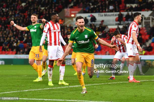 Alan Browne of Preston North End celebrates after scoring his team's first goal during the Sky Bet Championship match between Stoke City and Preston...