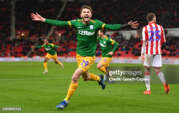 Tom Barkhuizen of Preston North End celebrates after scoring his team's second goal during the Sky Bet Championship match between Stoke City and...