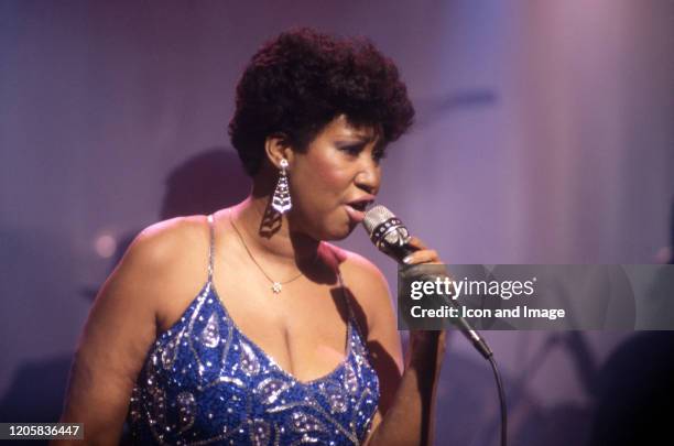 American singer, songwriter, pianist, and civil rights activist Aretha Franklin performs in Detroit, MI, 1987.