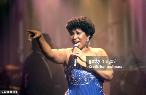 American singer, songwriter, pianist, and civil rights activist Aretha Franklin performs in Detroit, MI, 1987.