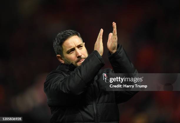 Lee Johnson, Manager of Bristol City reacts at the final whistle during the Sky Bet Championship match between Bristol City and Derby County at...