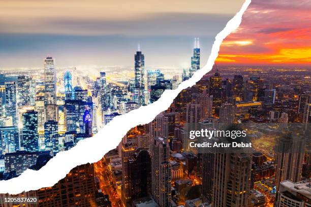 chicago cityscape comparison between day and night. - day and night image series stock pictures, royalty-free photos & images