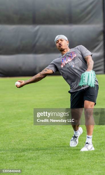 Port St. Lucie, Florida: New York Mets pitcher Marcus Stroman throws during a spring training workout at Clover Park in Port St. Lucie, Florida on...