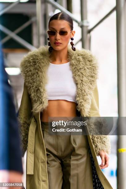 Bella Hadid arrives at the Marc Jacobs fashion show at the Park Avenue Armory on February 12, 2020 in New York City.