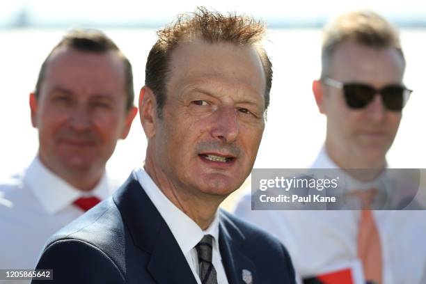 Perth Glory CEO Tony Pignata addresses the media during a Perth Glory media opportunity at the South Perth Foreshore on February 13, 2020 in Perth,...