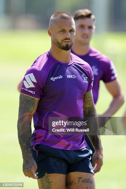 Sandor Earl of the Storm looks on during the Melbourne Storm NRL training session at UWA Sports Park on February 13, 2020 in Perth, Australia.