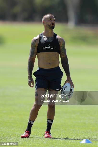 Sandor Earl of the Storm looks on during the Melbourne Storm NRL training session at UWA Sports Park on February 13, 2020 in Perth, Australia.