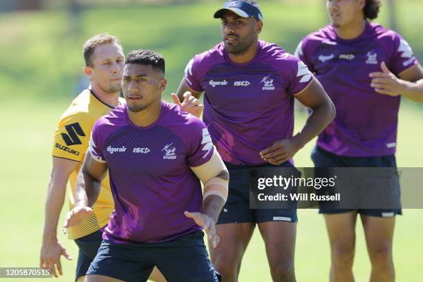 Marion Seve of the Storm during the Melbourne Storm NRL training session at UWA Sports Park on February 13, 2020 in Perth, Australia.