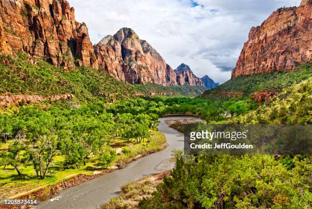 zion canyon and the meandering virgin river at dusk - zion national park stock pictures, royalty-free photos & images