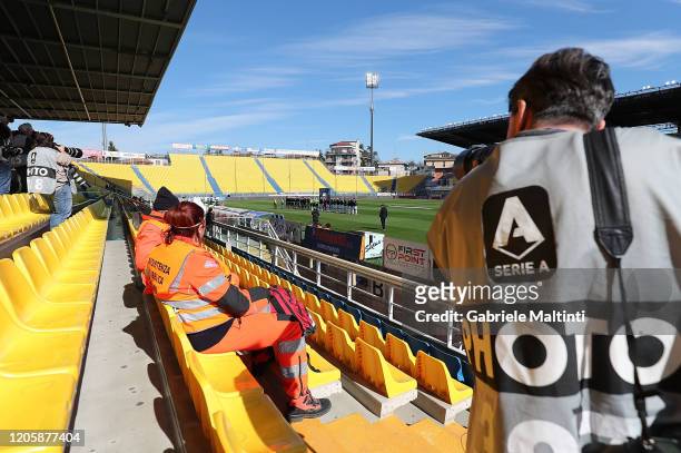 Photographers are seen in an empty stadium during the Serie A match between Parma Calcio and SPAL at Stadio Ennio Tardini on March 8, 2020 in Parma,...