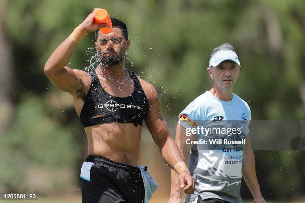 Ronaldo Mulitalo of the Sharks cools down during the Cronulla Sharks NRL training session at UWA Sports Park on February 13, 2020 in Perth, Australia.