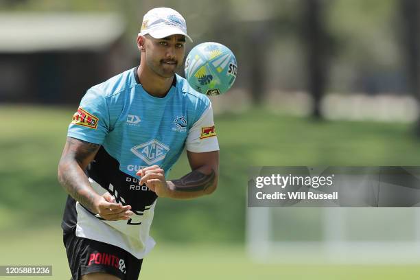 Briton Nikora of the Sharks passes the ball during the Cronulla Sharks NRL training session at UWA Sports Park on February 13, 2020 in Perth,...