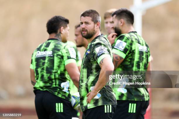 Dane Coles looks on during a Hurricanes Super Rugby training session at Rugby League Park on February 13, 2020 in Wellington, New Zealand.