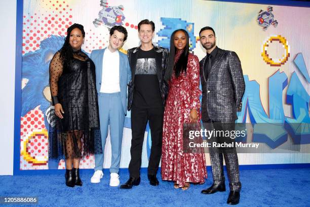 Natasha Rothwell, Ben Schwartz, Jim Carrey, Tika Sumpter and Lee Majdoub attend a "Sonic The Hedgehog" Special Screening at the Regency Village...