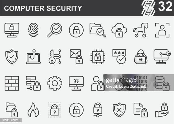 computer security line icons - computer virus stock illustrations