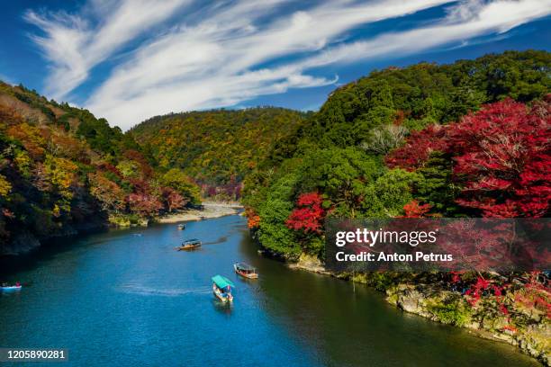 katsura river in autumn aerial view. kyoto, japan. - kyoto city stock pictures, royalty-free photos & images