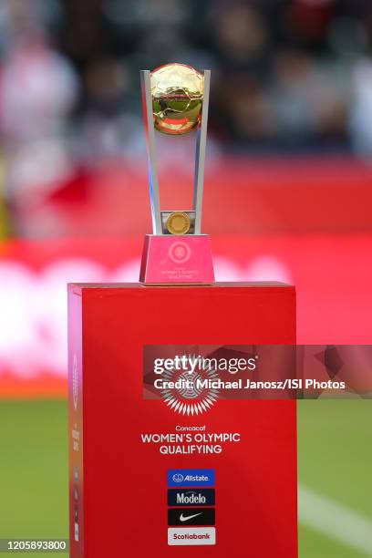 Olympic Qualifying Tournament trophy is seen during a game between Canada and United States at Dignity Health Sports Park on February 9, 2020 in...