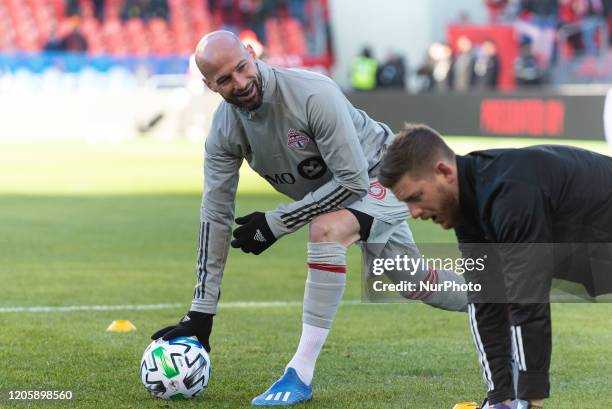 Laurent Ciman defender of the Toronto FC warms-up before the 2020 MLS Regular Season match between Toronto FC and New York City FC at BMO Field in...