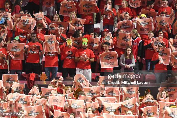 Maryland Terrapins fans cheer against the Iowa Hawkeyes prior to a college basketball game against the Iowa Hawkeyes at Xfinity Center on January 30,...