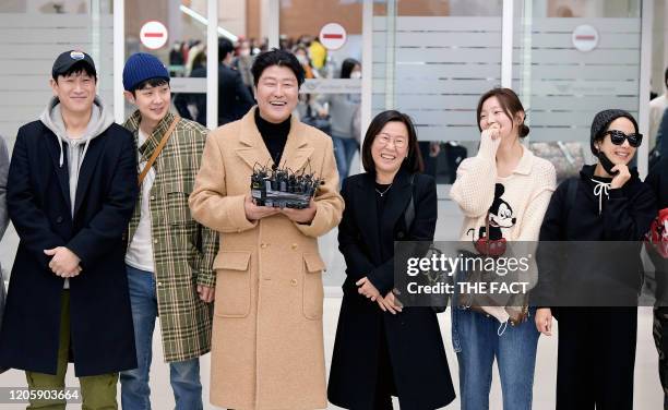 Lee Sun-Kyun, Choi Woo-Sik, Song Kang-Ho, Kwak Sin-Ae, Park So-Dam, and Cho Yeo-Jeong are seen upon arrival at Incheon International Airport on...