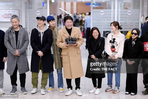 Lee Ha-Jun, Lee Sun-Kyun, Choi Woo-Sik, Song Kang-Ho, Kwak Sin-Ae, Park So-Dam, and Cho Yeo-Jeong are seen upon arrival at Incheon International...