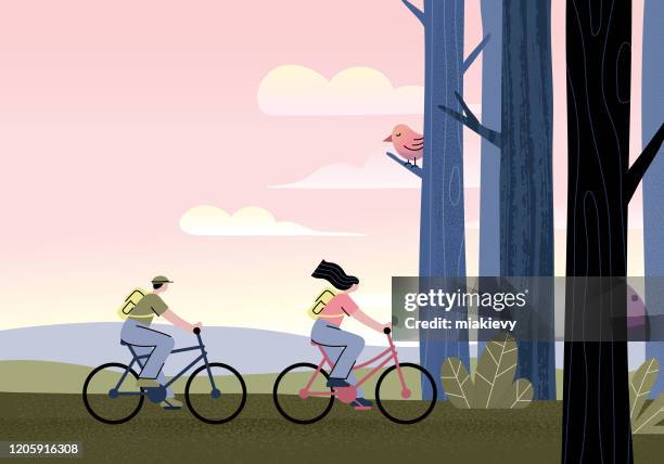 stockillustraties, clipart, cartoons en iconen met paar dat fietsen berijdt - adventure