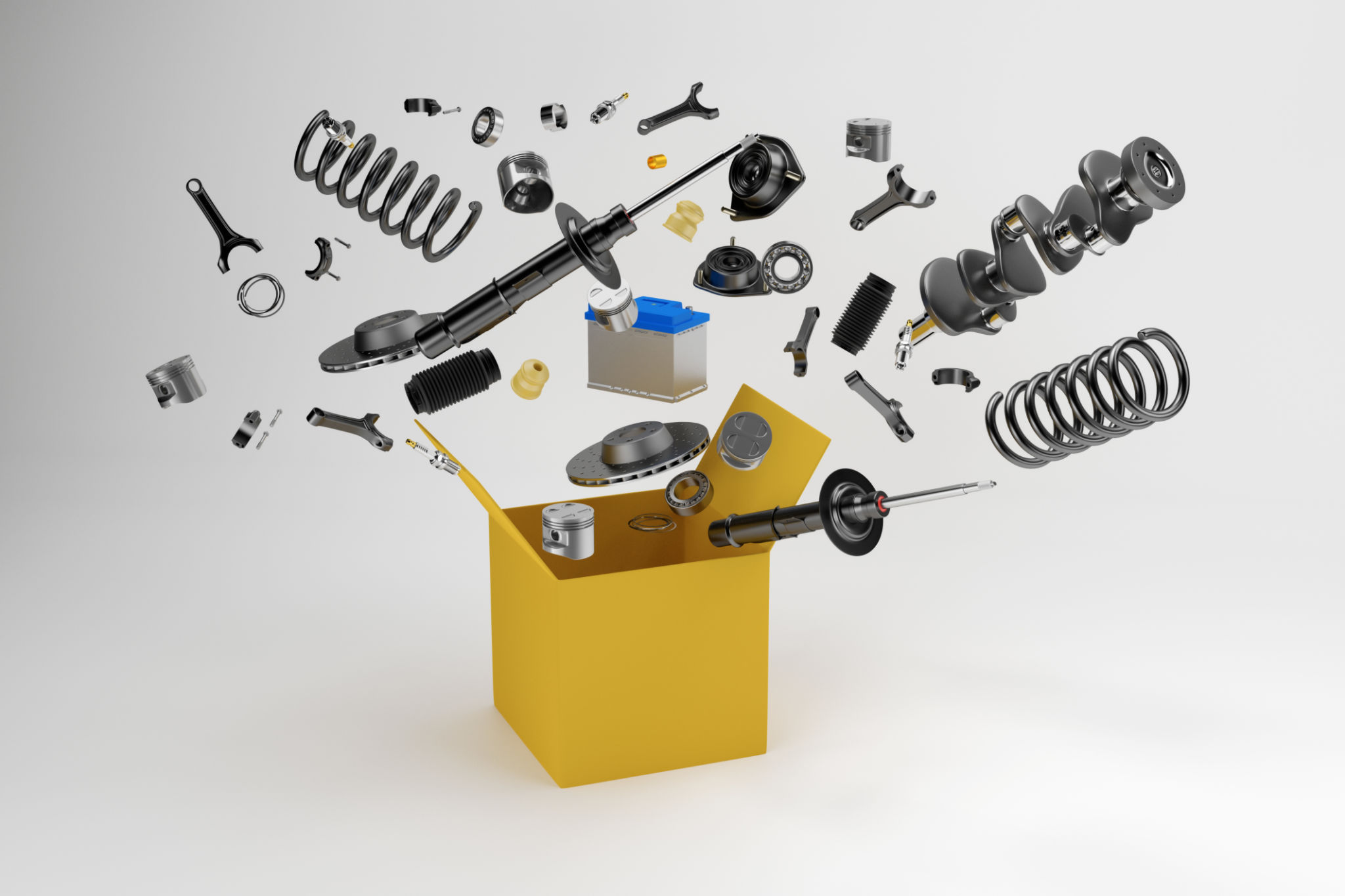 Many spare parts flying out of the box gray background. Isolated auto spare parts on gray background. 3D rendering Many spare parts flying out of the box gray background. Isolated auto spare parts on gray background. 3D rendering