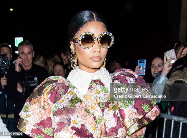 Rapper Nicki Minaj is seen leaving the Marc Jacobs Fall 2020 runway show during New York Fashion Week on February 12, 2020 in New York City.