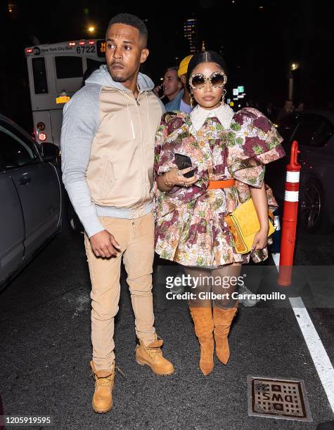 Kenneth Petty and Rapper Nicki Minaj are seen leaving the Marc Jacobs Fall 2020 runway show during New York Fashion Week on February 12, 2020 in New...