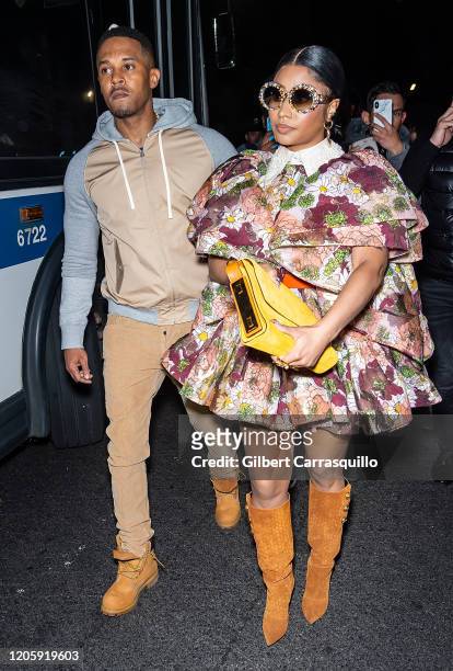 Kenneth Petty and Rapper Nicki Minaj are seen leaving the Marc Jacobs Fall 2020 runway show during New York Fashion Week on February 12, 2020 in New...