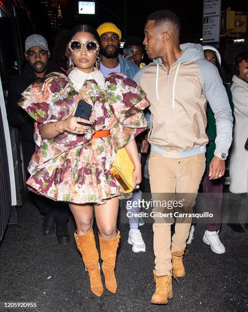 Rapper Nicki Minaj and Kenneth Petty are seen leaving the Marc Jacobs Fall 2020 runway show during New York Fashion Week on February 12, 2020 in New...