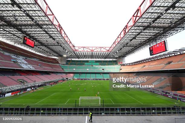 General view of play in the empty stadium after rules to limit the spread of Covid-19 were put in place for the Serie A match between AC Milan and...