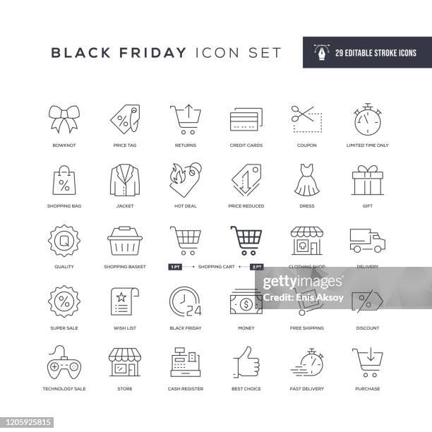illustrazioni stock, clip art, cartoni animati e icone di tendenza di icone della linea del tratto modificabile del black friday - giacca